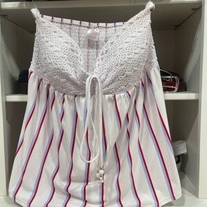 White and Red Striped Lace Trim Top